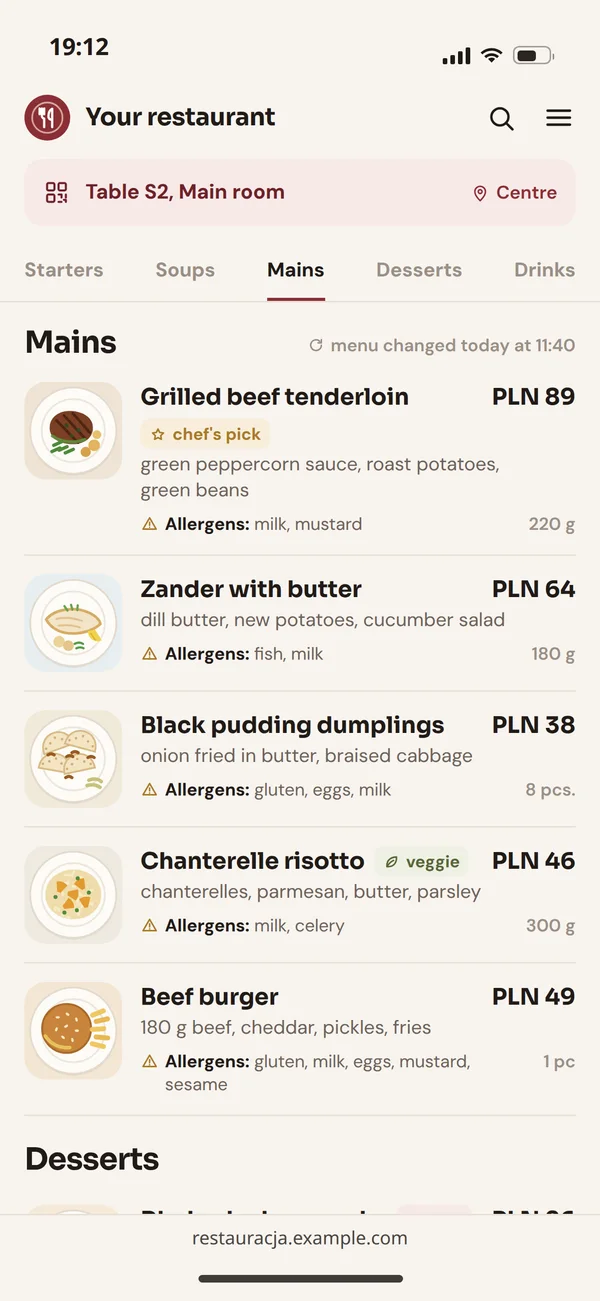 Restaurant menu on a phone after scanning a QR code