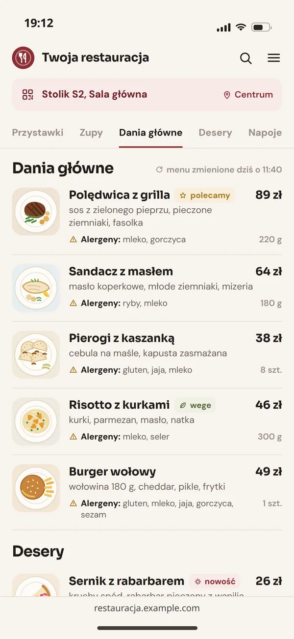 Menu restauracji na telefonie po zeskanowaniu kodu QR
