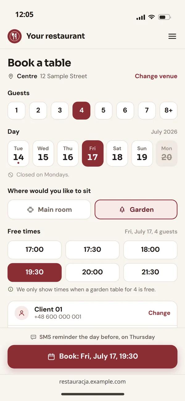 Table booking form with free times