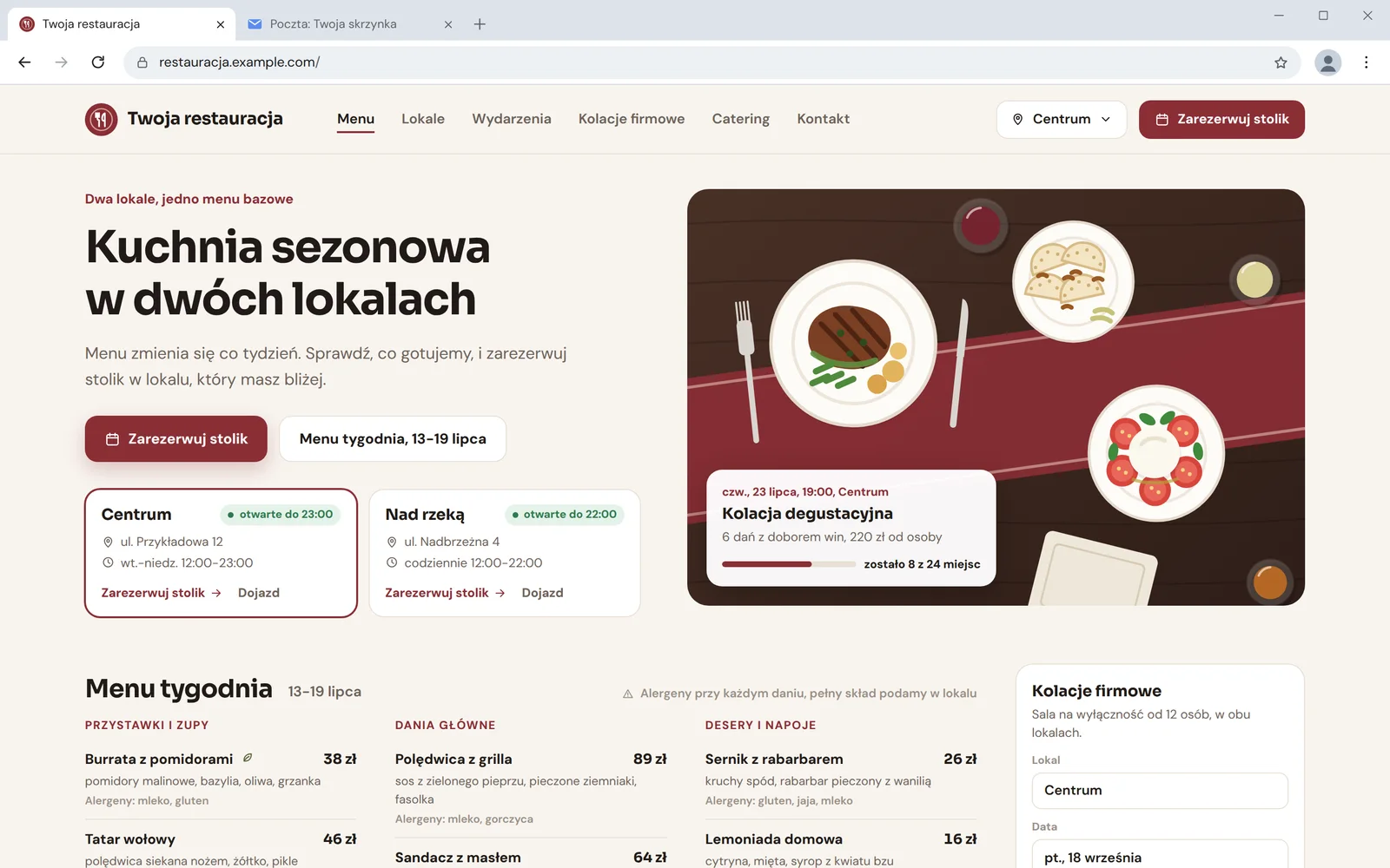 Strona restauracji z menu tygodnia, dwoma lokalami i rezerwacją stolika