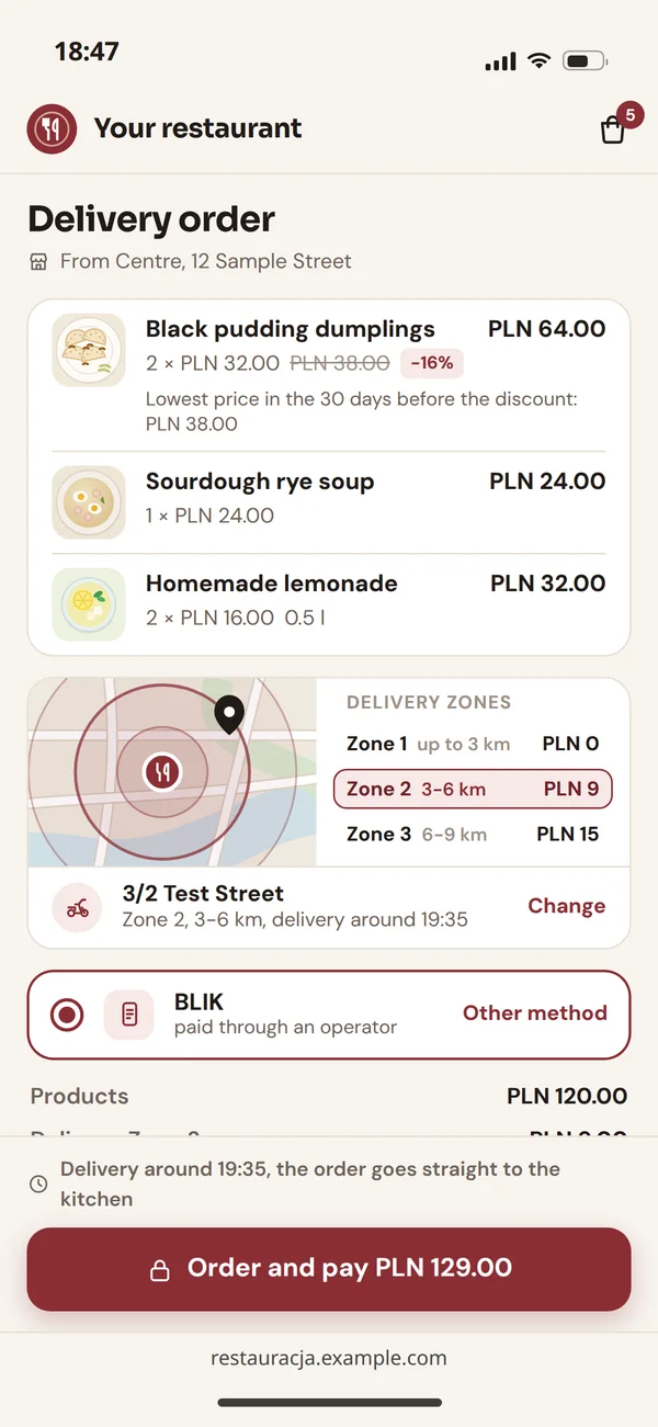 A delivery order on a phone: the Centre venue, delivery zones with fees, BLIK payment and the hand-off to the kitchen