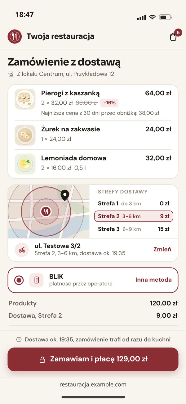 Zamówienie z dostawą na telefonie: lokal Centrum, strefy dostawy z opłatami, płatność BLIK i przekazanie do kuchni