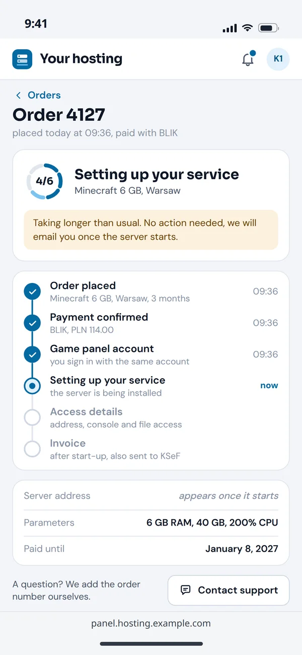 Sample order status in the client panel on a phone: setting up the service