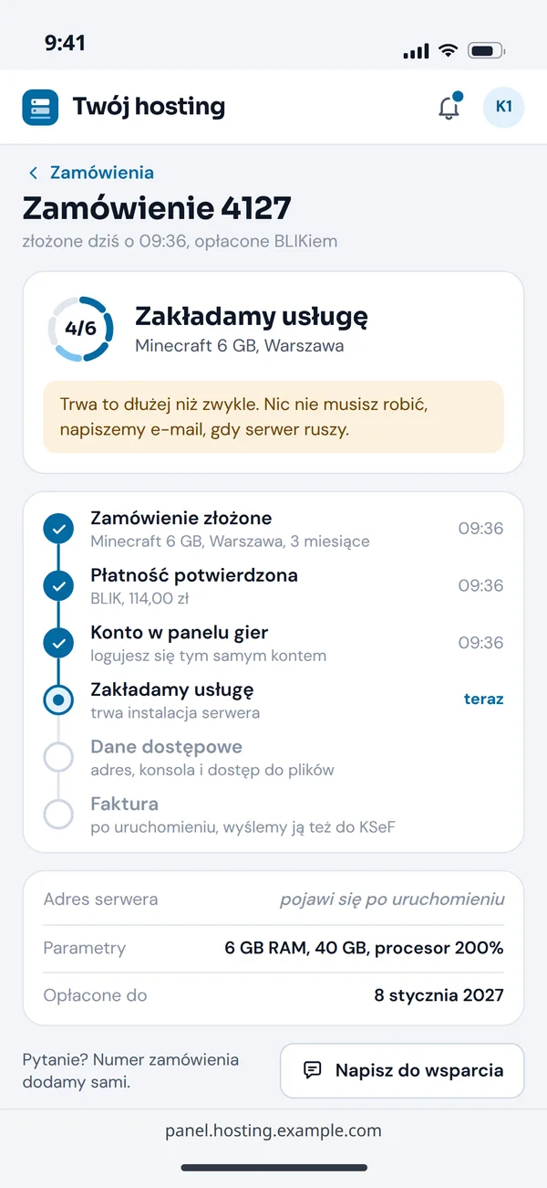 Przykładowy status zamówienia w panelu klienta na telefonie: zakładamy usługę