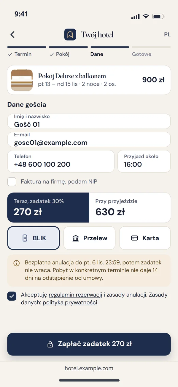 Ekran danych gościa i płatności zadatku
