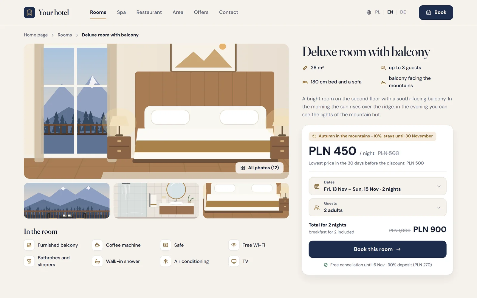 The page of the Deluxe room with a balcony: gallery, size and amenities, the reduced price with the lowest 30-day price, dates and guests and the booking button
