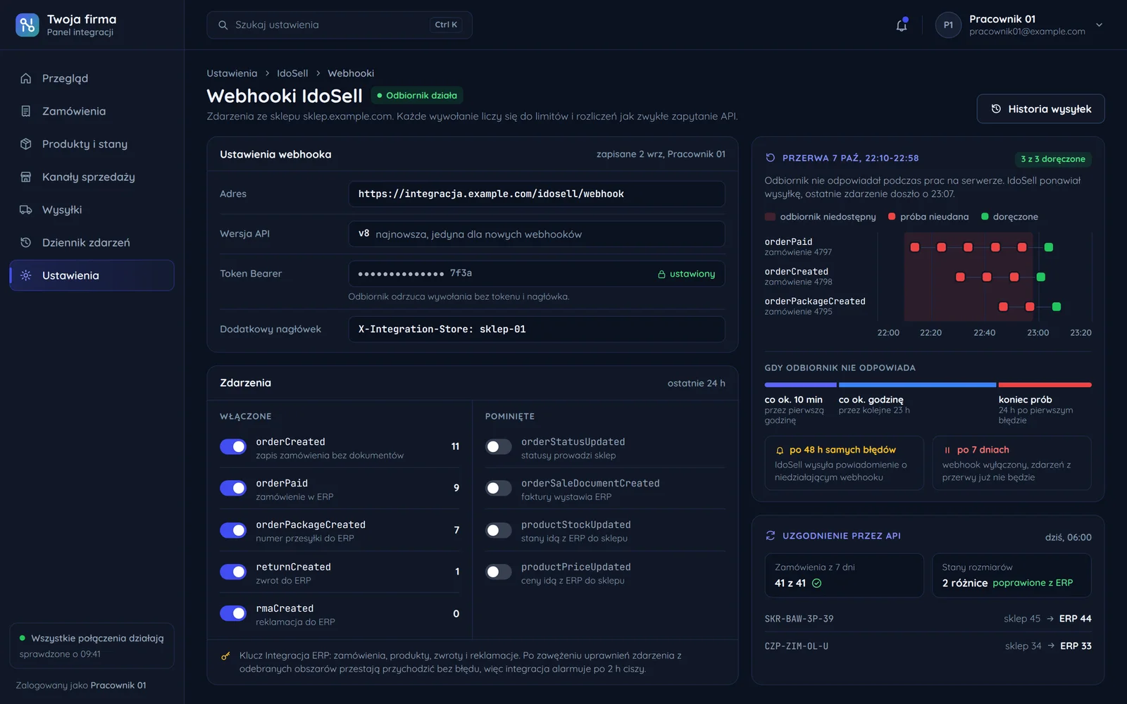 Panel integracji: ustawienia webhooka IdoSell z adresem, wersją API, tokenem Bearer i nagłówkiem, włączone i pominięte zdarzenia, przerwa w odbiorze z ponowieniami i uzgodnienie przez API