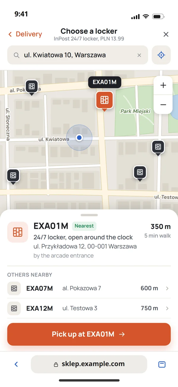 Picking a parcel locker on the map at a store checkout on a phone