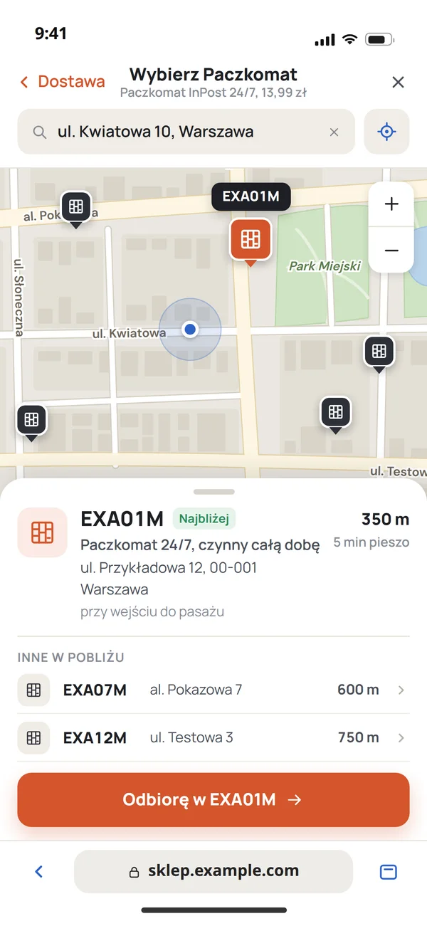 Wybór Paczkomatu na mapie w koszyku sklepu na telefonie