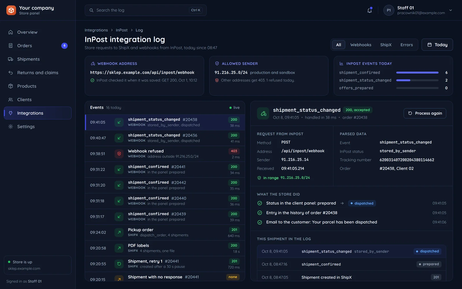 The InPost integration log in the store panel: webhooks from InPost, the shipment status read from one and what the store did