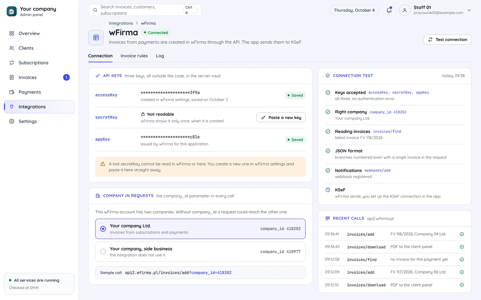 The wFirma connection settings in an admin panel: three API keys, a secretKey that cannot be read back, the company picked by company_id and a connection test