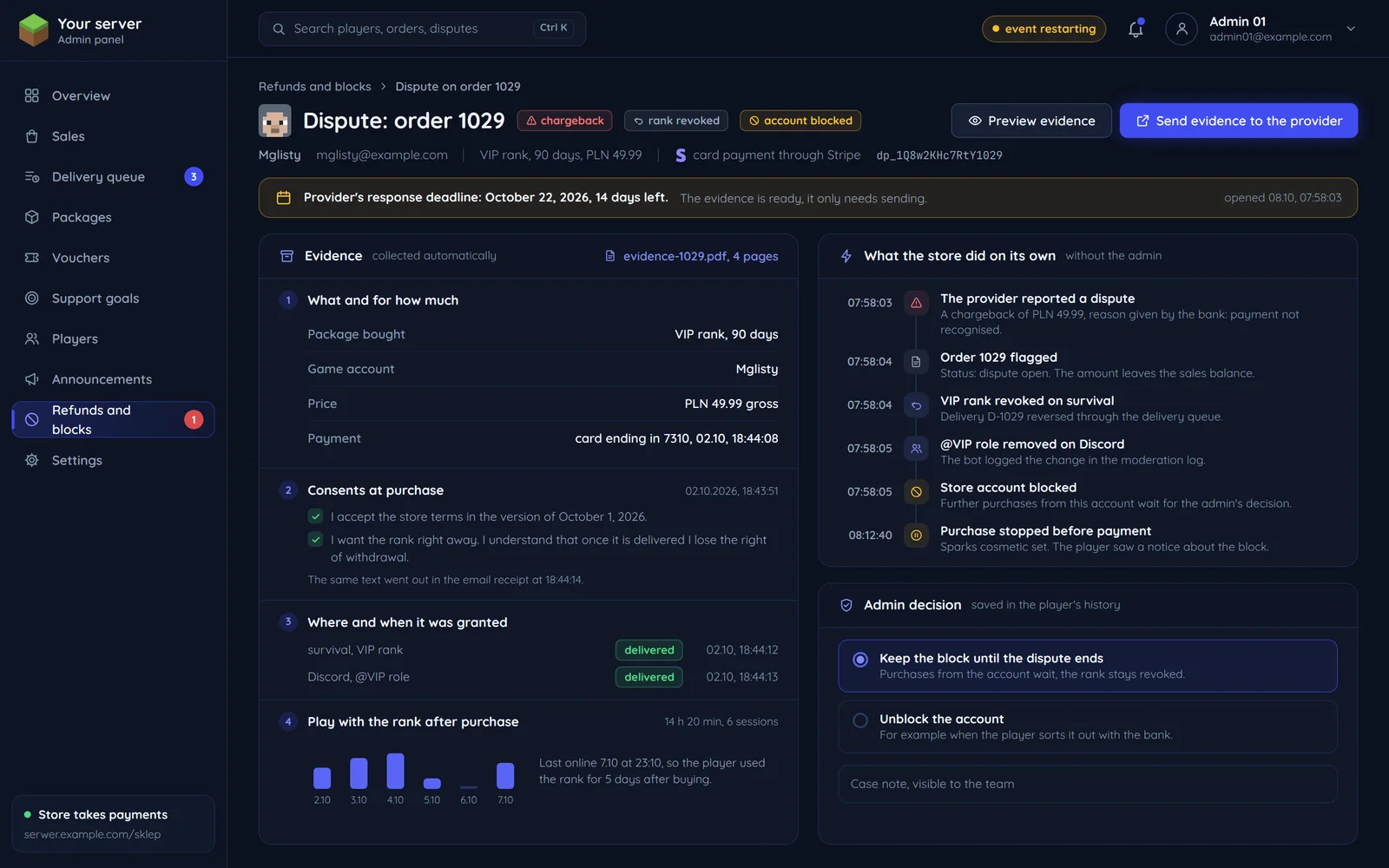 Sample order dispute in the admin panel: evidence gathered automatically, the store's own actions and the admin's decision