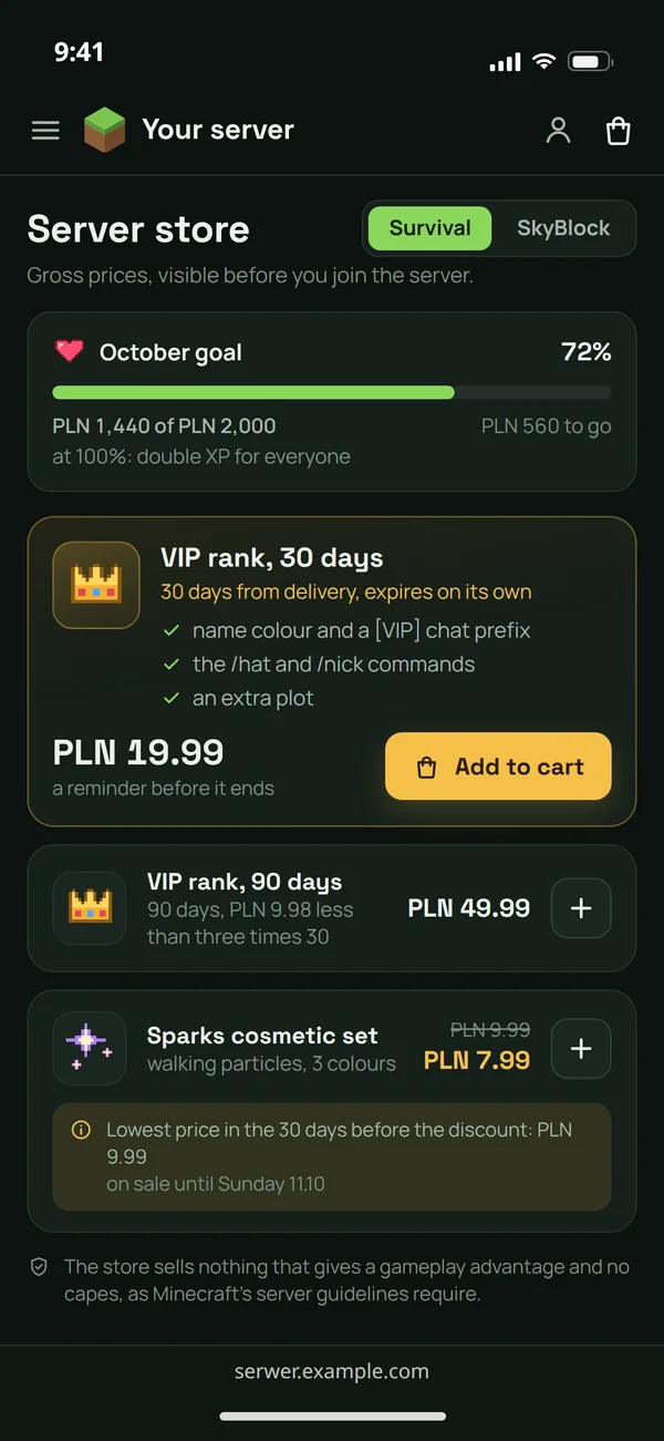 Sample server store on a phone: a support goal, a 30-day VIP rank and a sale with the lowest 30-day price