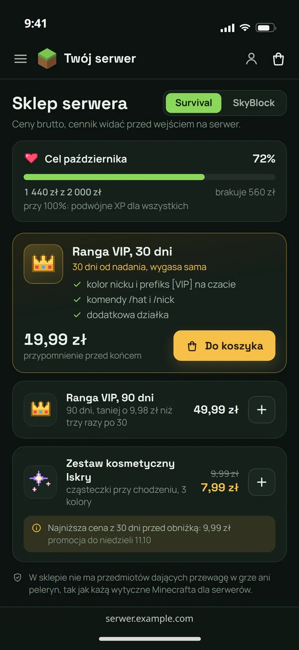 Przykładowy sklep serwera na telefonie: cel wsparcia, ranga VIP na 30 dni i promocja z najniższą ceną z 30 dni