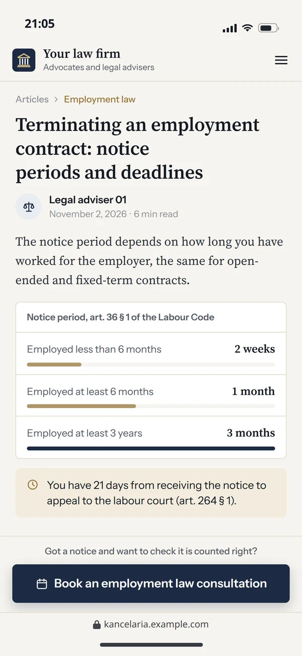 An employment law article on a phone with a button to book a consultation