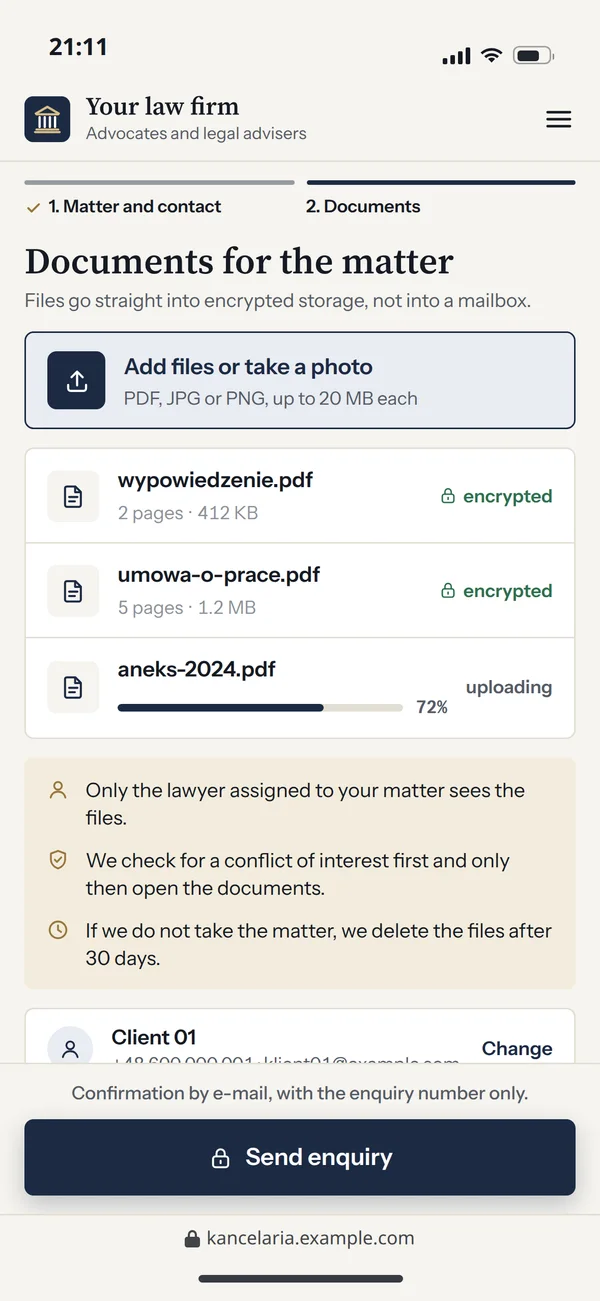 The second step of the form: three documents going into encrypted storage, visible only to the assigned lawyer