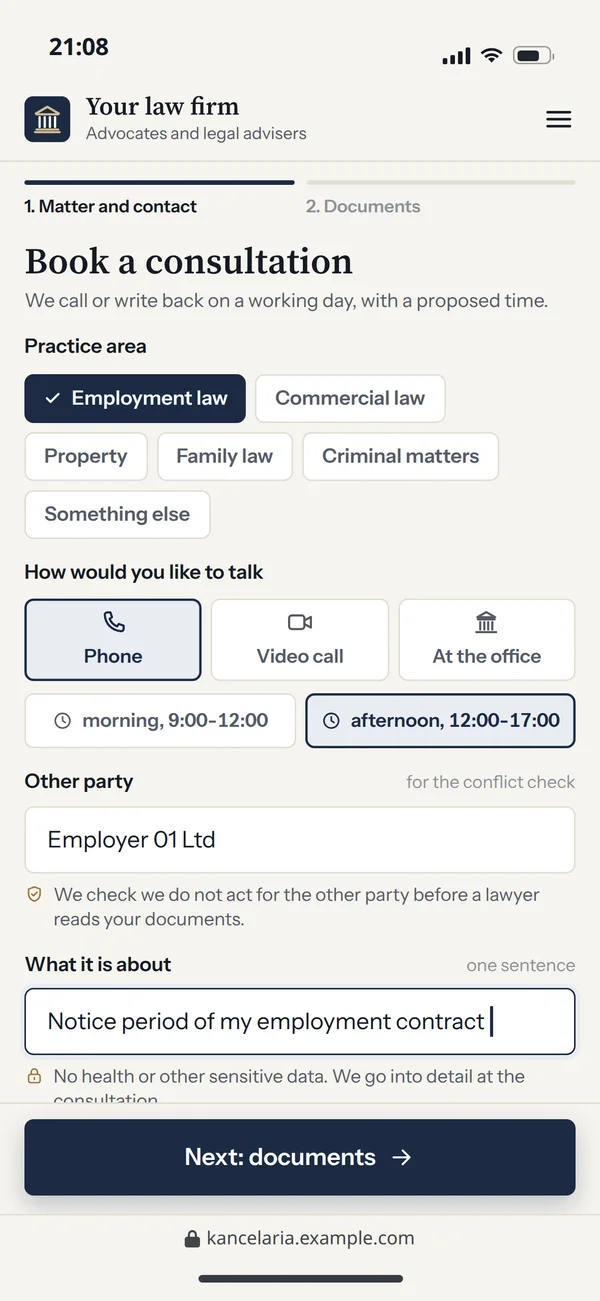 The first step of the consultation form: practice area, how to talk, the other party for the conflict check and one sentence about the matter