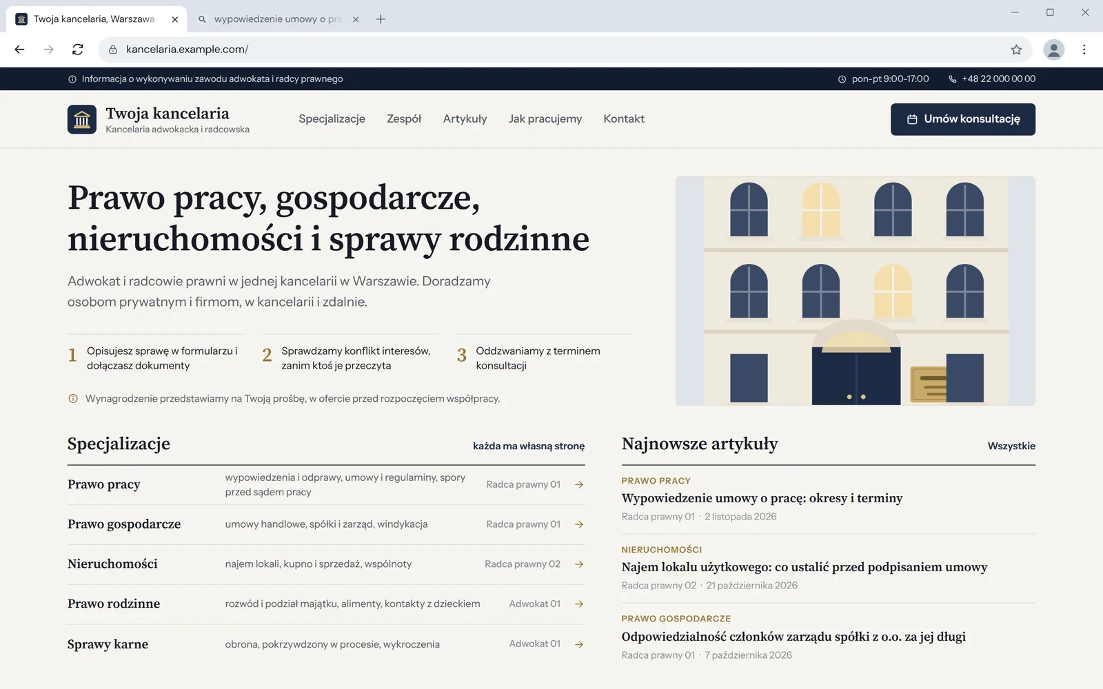 Strona firmowa kancelarii z ofertą i artykułami