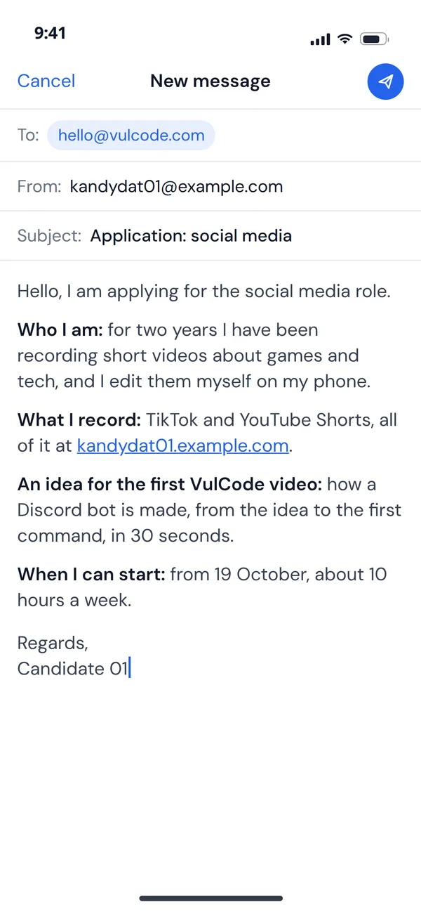 An application for the social media role written on a phone to hello@vulcode.com: who I am, what I record, an idea for the first video and when I can start