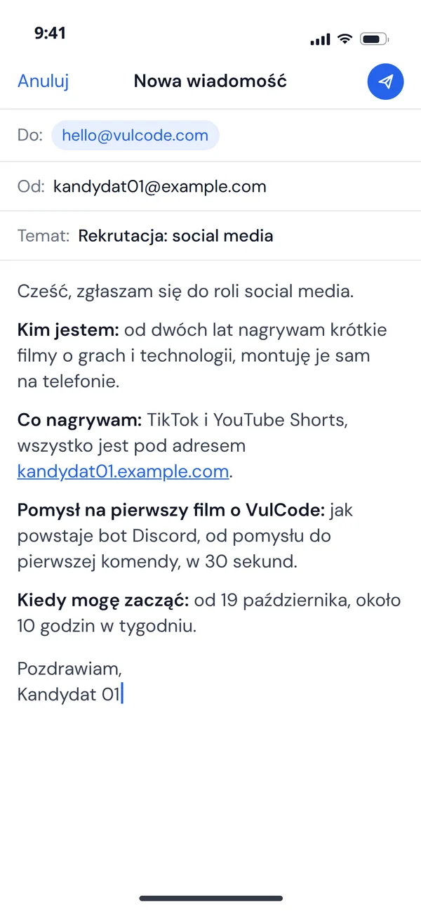 Zgłoszenie do roli social media pisane na telefonie do hello@vulcode.com: kim jestem, co nagrywam, pomysł na pierwszy film i kiedy mogę zacząć