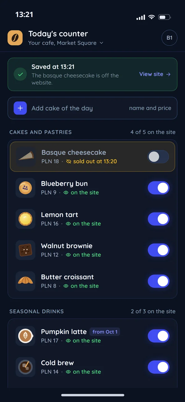 Editing today's menu on a phone with item switches