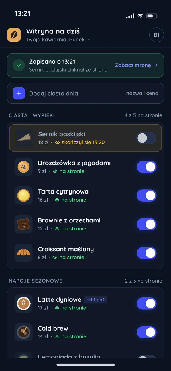 Edycja menu dnia na telefonie z przełącznikami pozycji
