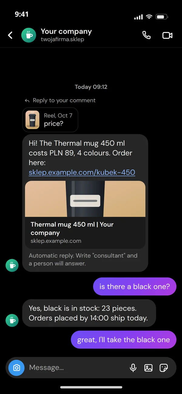 An Instagram chat that began with a "price?" comment under a reel: the bot's private reply with the price and a store link, a note about the consultant and the customer's question about the colour