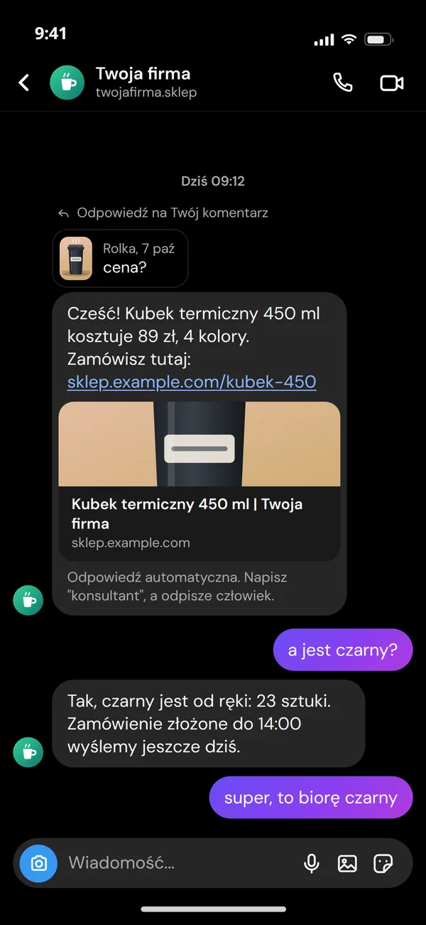 Rozmowa na Instagramie, która zaczęła się od komentarza "cena?" pod rolką: prywatna odpowiedź bota z ceną i linkiem do sklepu, informacja o konsultancie i pytanie klienta o kolor