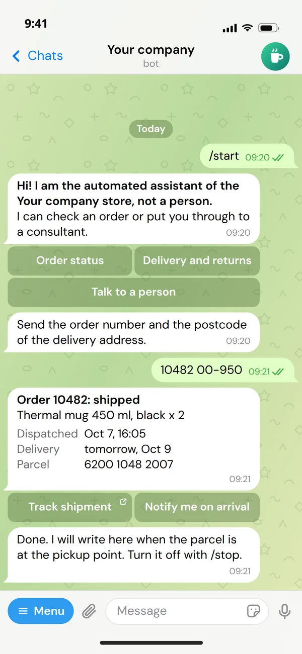 A chat with a store's bot in Telegram: the /start command, the bot introducing itself as automated, the order status with the parcel number and the promise of a message once the parcel is at the pickup point