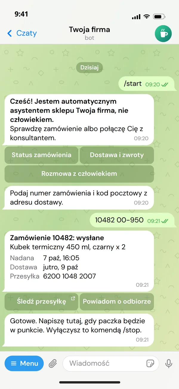 Czat z botem sklepu w Telegramie: komenda /start, bot przedstawia się jako automat, status zamówienia z numerem przesyłki i obietnica wiadomości, gdy paczka będzie w punkcie