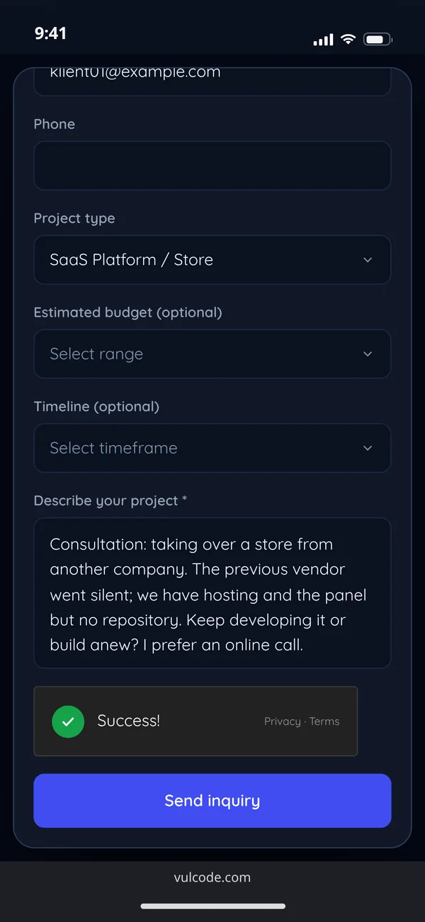The enquiry form on the VulCode website on a phone: project type, budget, timeline and project description