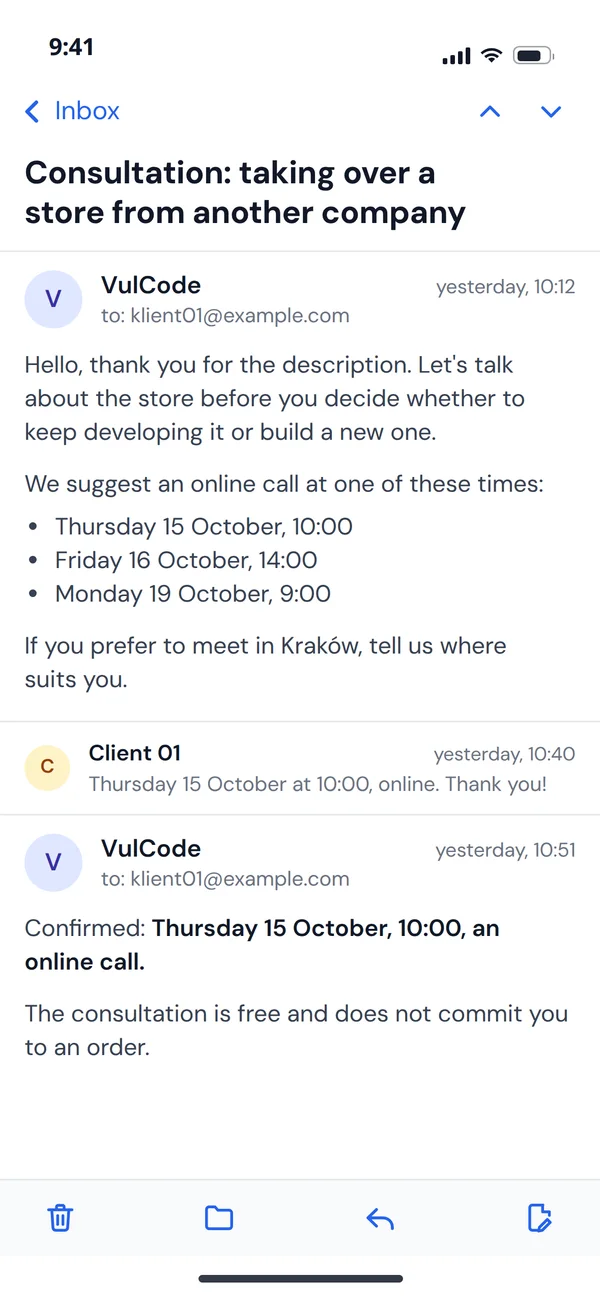 An email thread about a consultation on a phone: three proposed times for an online call, the client's choice and the confirmation that the consultation is free