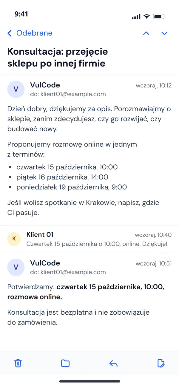 Wątek e-mail o konsultacji na telefonie: propozycja trzech terminów rozmowy online, wybór klienta i potwierdzenie, że konsultacja jest bezpłatna
