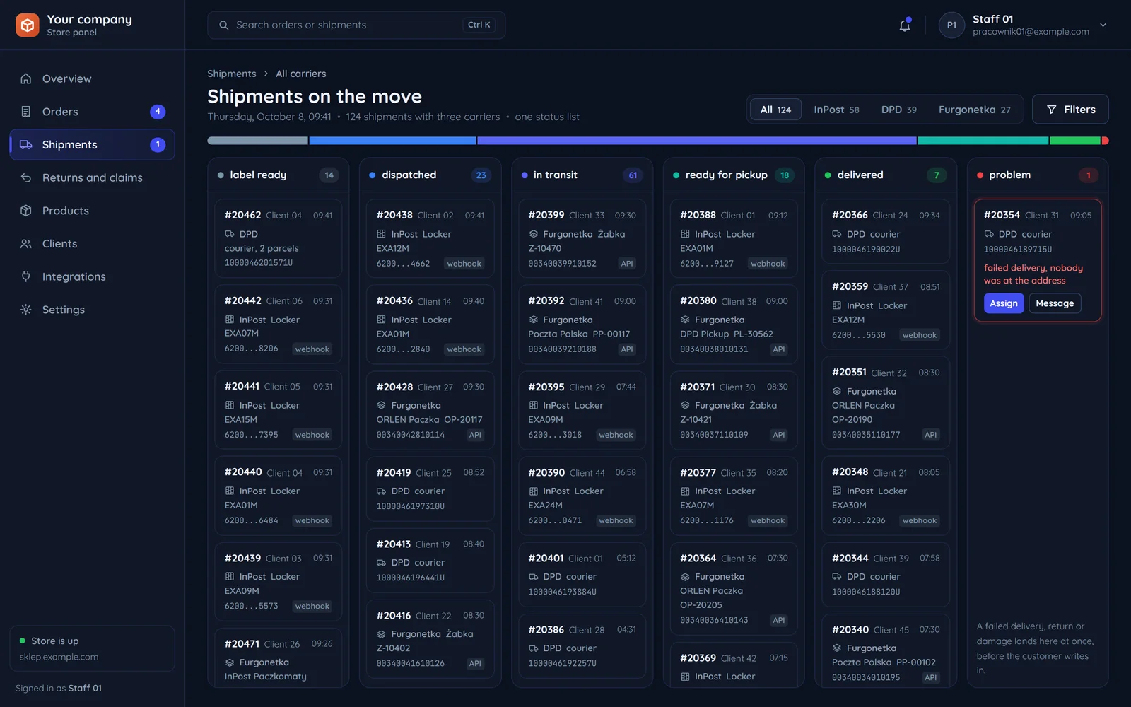 A store panel: parcels with three carriers on one board of shared statuses