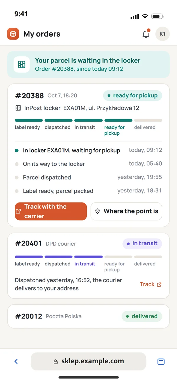 A phone: a customer's orders in a store, a parcel in a locker with its status bar and history, a courier parcel in transit and a delivered one