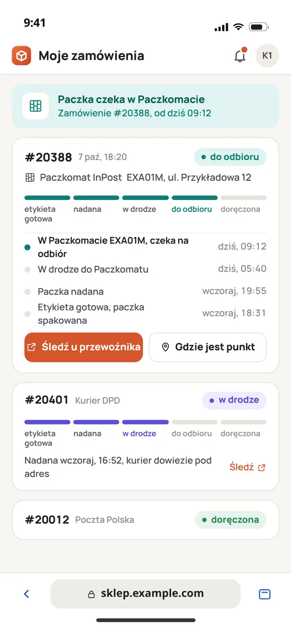Telefon: zamówienia klienta w sklepie, paczka w Paczkomacie z paskiem statusów i historią, paczka kurierska w drodze i paczka doręczona