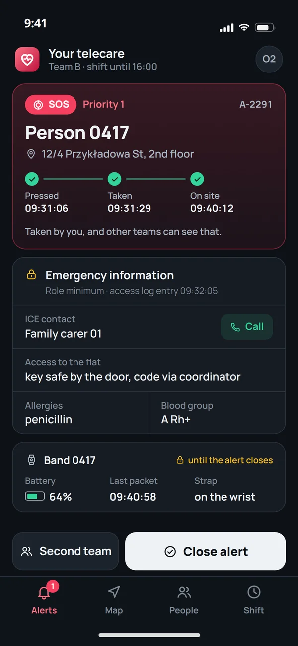 An SOS alert on a carer's phone: priority, acceptance and arrival, emergency information for the role and the band's status