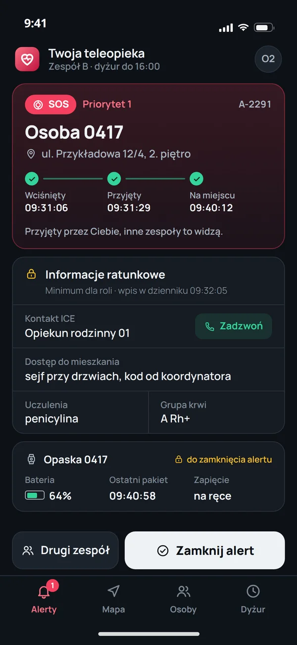 Alert SOS na telefonie opiekuna: priorytet, przyjęcie i dojazd, informacje ratunkowe dla roli i stan opaski