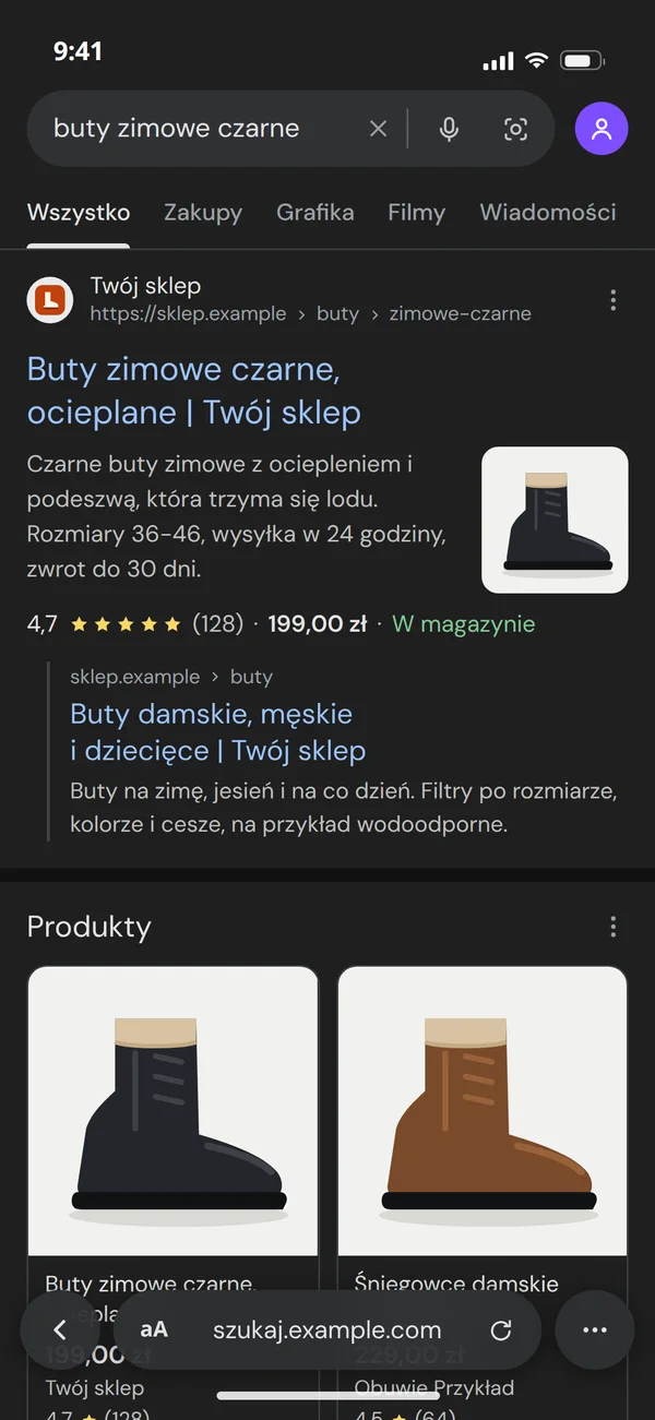 Wynik wyszukiwania w Google na telefonie, który prowadzi już na nowy adres sklepu