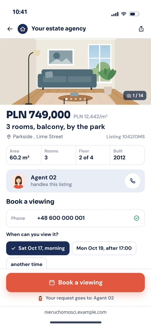 A listing on a phone: photos, price, details, the listing agent and a viewing form with a choice of times