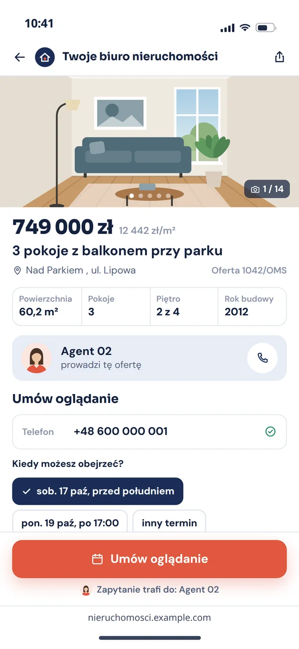 Oferta na telefonie: zdjęcia, cena, parametry, agent prowadzący i formularz umówienia oglądania z wyborem terminu