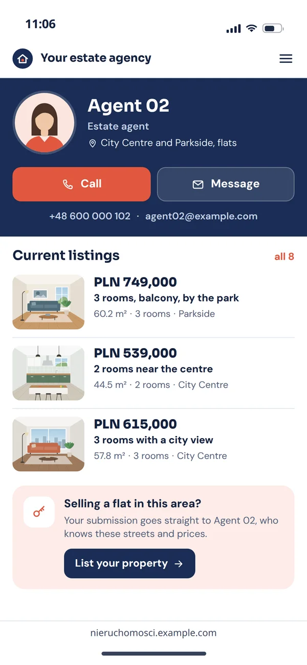 An agent page on a phone: Agent 02 with their area, Call and Message buttons, contact details, the agent's current listings and a form for listing a property
