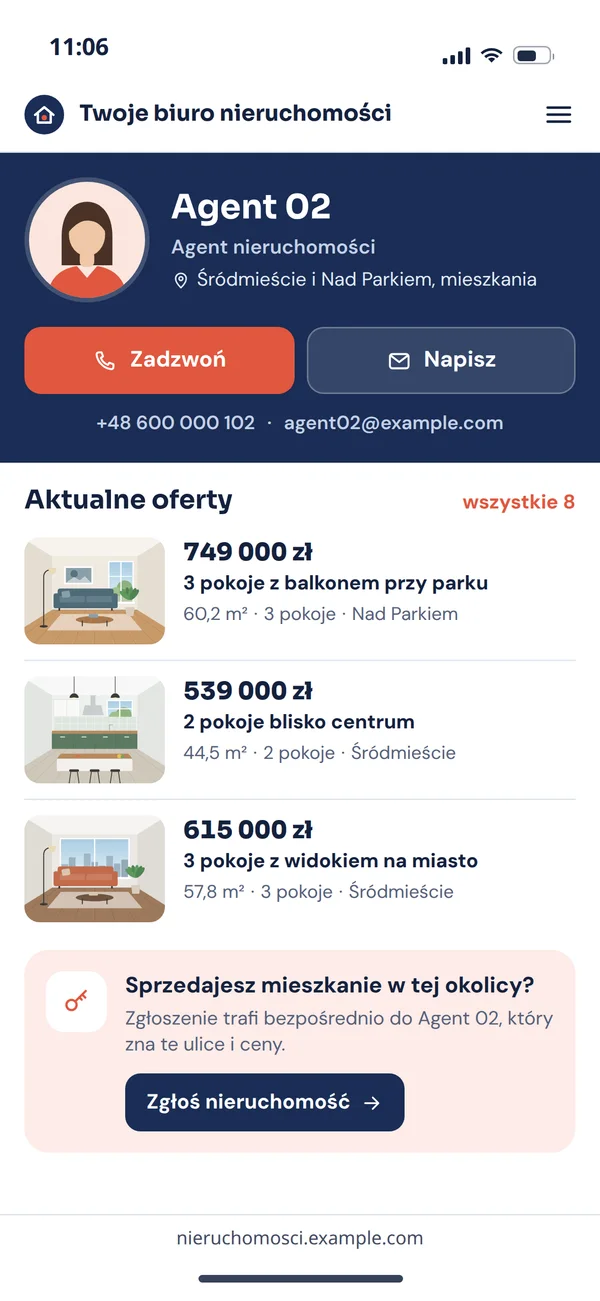 Strona agenta na telefonie: Agent 02 z obszarem działania, przyciski Zadzwoń i Napisz, kontakt, aktualne oferty agenta i formularz zgłoszenia nieruchomości