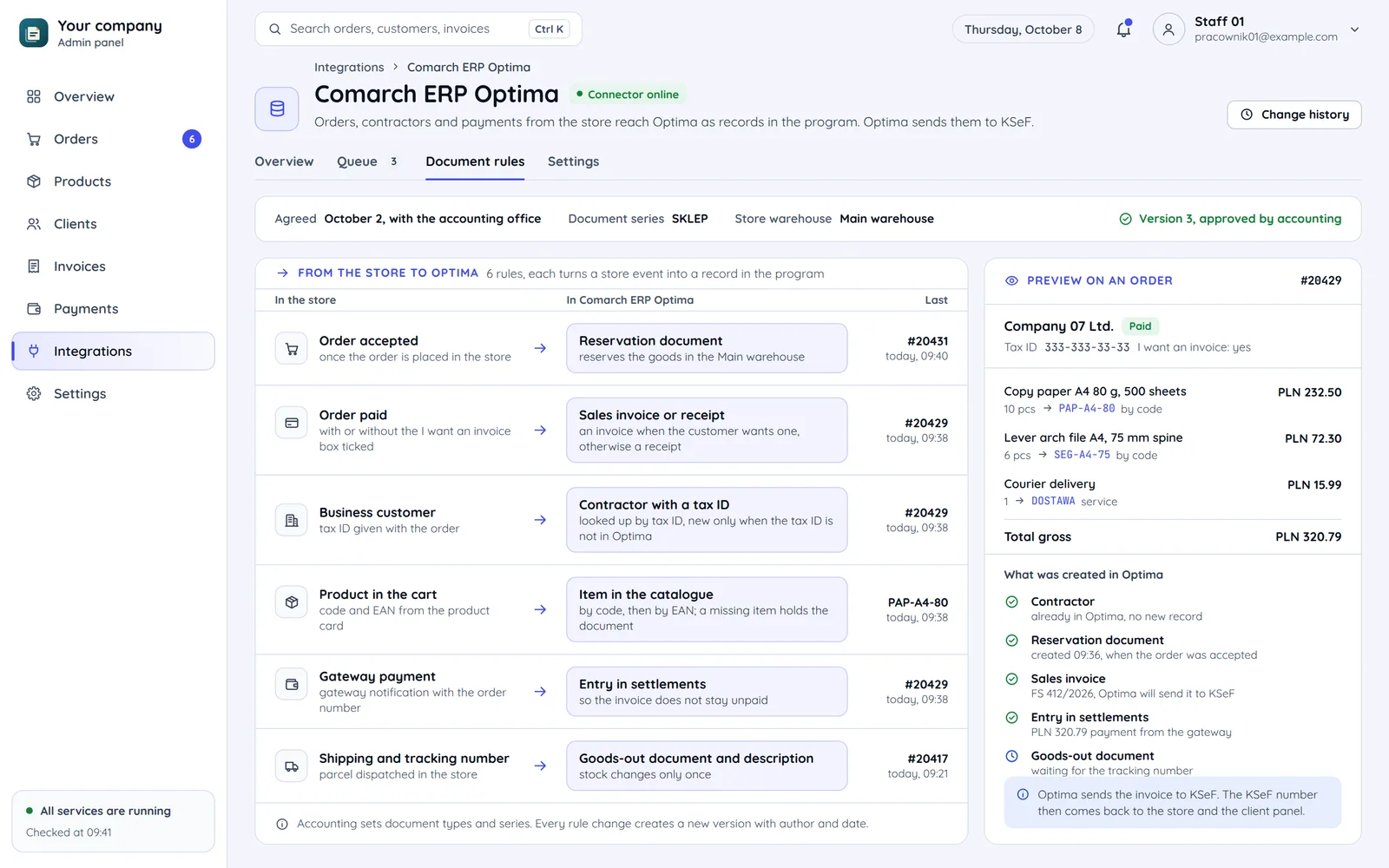 The document rules of a Comarch ERP Optima connector: six store events turned into records in the program, and a preview of what one order created in Optima