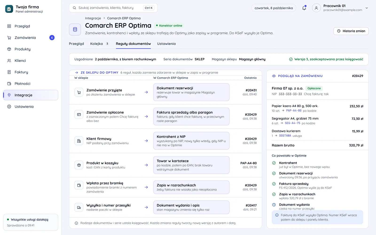 Reguły dokumentów konektora Comarch ERP Optima: sześć zdarzeń w sklepie zamienianych w zapisy w programie i podgląd tego, co powstało w Optimie dla jednego zamówienia