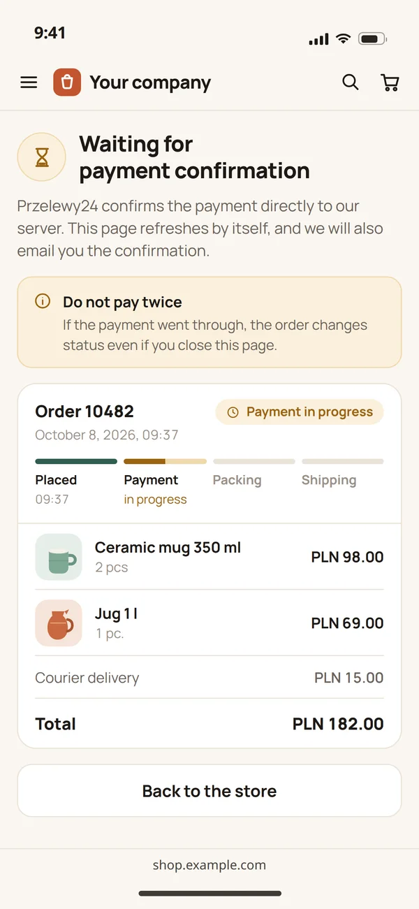 The page of order 10482 on a phone after returning from payment: waiting for the payment confirmation, payment in progress