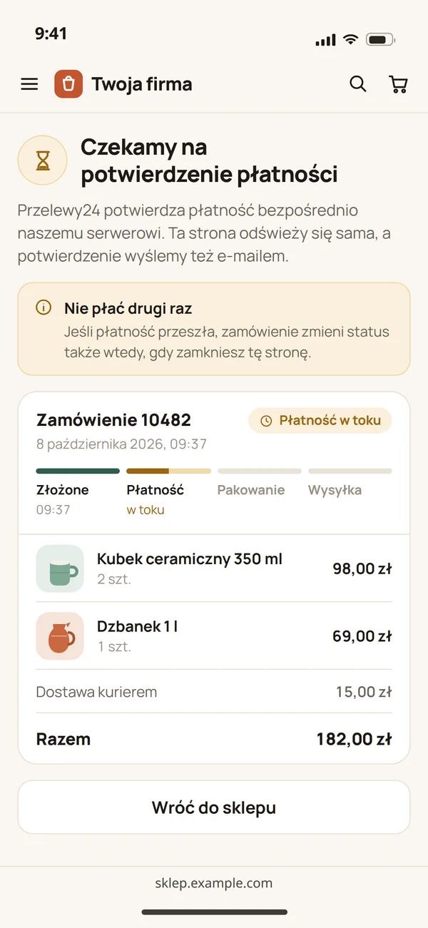 Strona zamówienia 10482 na telefonie po powrocie z płatności: czekamy na potwierdzenie płatności, płatność w toku