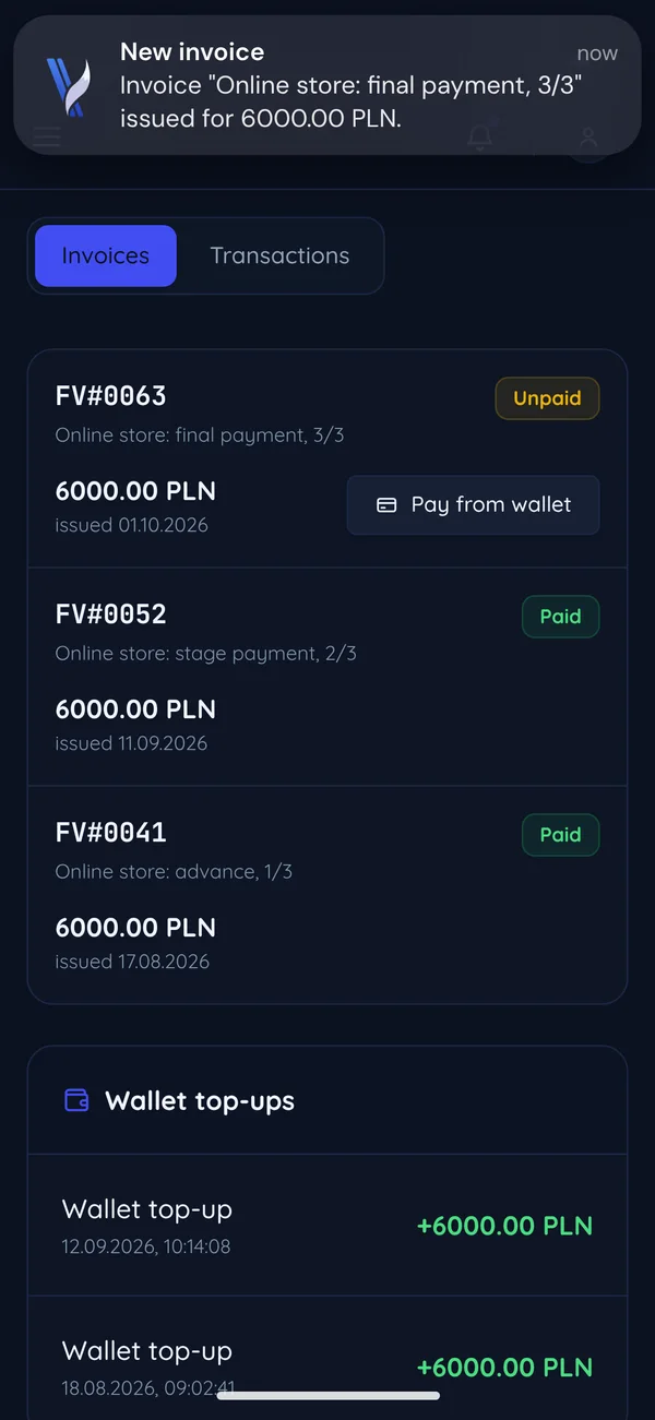 A sample phone screen: a notification of a new invoice for the store's final payment over the project's invoice list