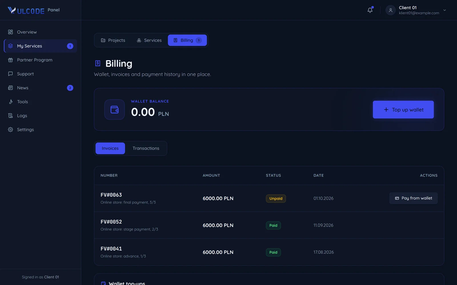 A sample screen of the VulCode client panel: the Billing tab with three invoices of 6,000 PLN for an online store, the advance 1/3 and the stage payment 2/3 paid and the final payment 3/3 to pay