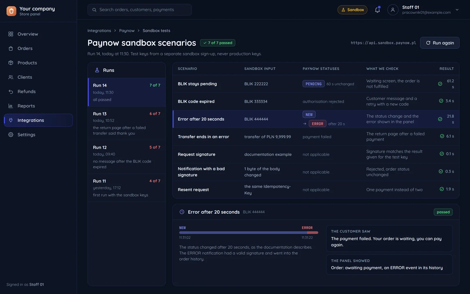 A store panel: a run of scenarios in the Paynow test environment, the table of BLIK codes, the test transfer and the statuses, and the details of the error after 20 seconds